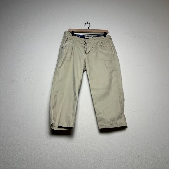 Levi Paisley Blue Lined Casual Pants Women 14 Cropped Chino Khaki Tan Straight - Picture 1 of 15